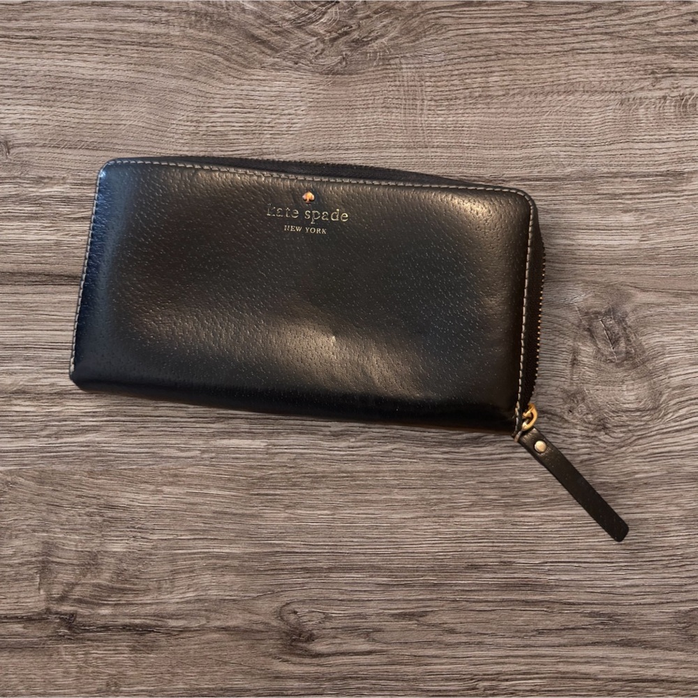 Kate Spade Black Zip-Around Wallet – Watercolor Interior